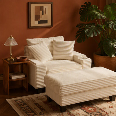Canapé avec accoudoirs de rangement en velours côtelé, siège polyvalent simple avec repose-pieds, porte-gobelet, haut-parleur Bluetooth, ports USB, tableau pivotant à 180 °, pour le salon, la chambre à coucher et l’appartement