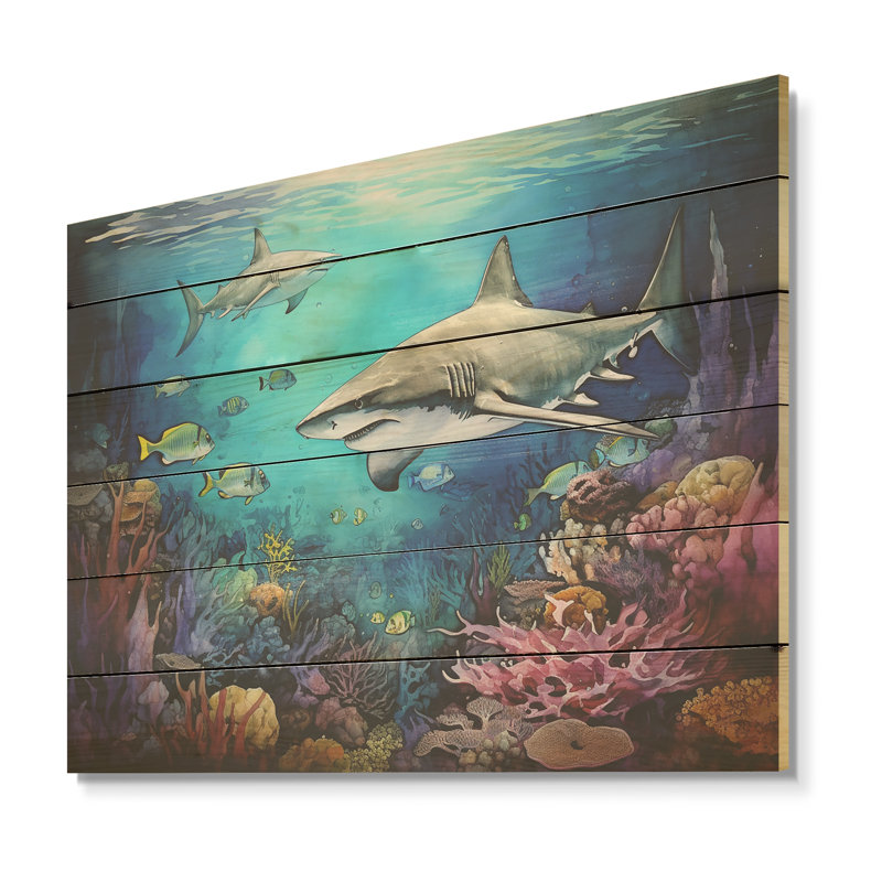 Shark Haven Under Water Painting I - Shark Wood Art On Natural Pine Wood, 30" H x 40" W