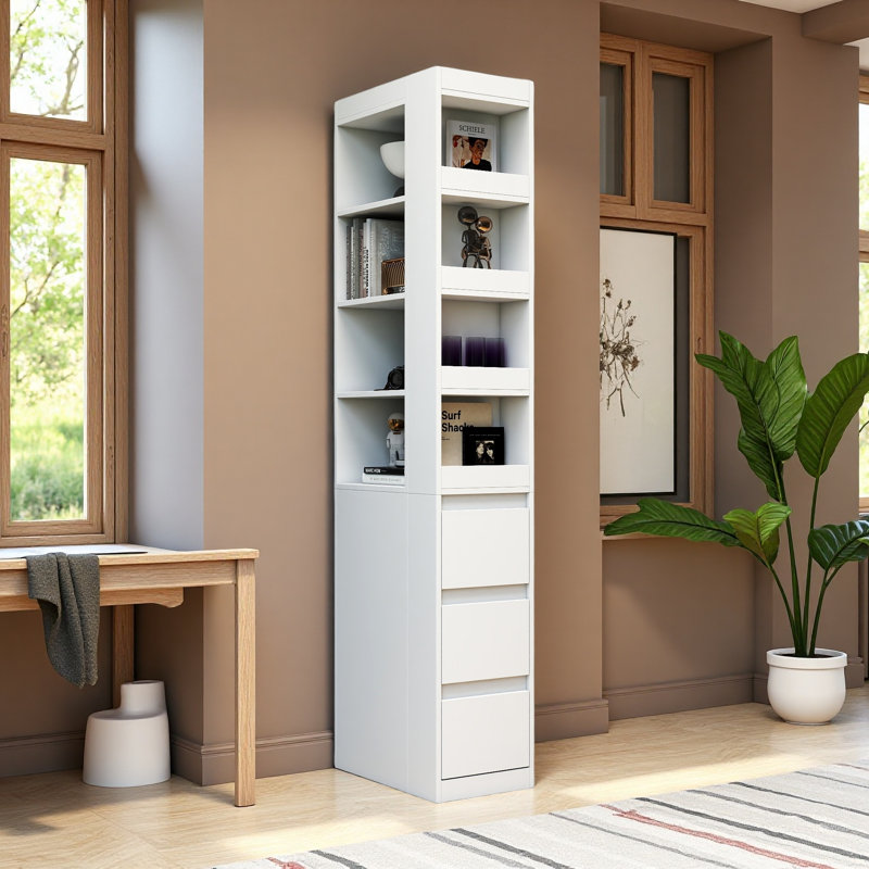 70.87" H Display Storage Cabinet , 4-Tier Shelf, 3 Side Drawers & 4 Small Display Shelves , Modern Wooden Tall Bookshelf Bookcase