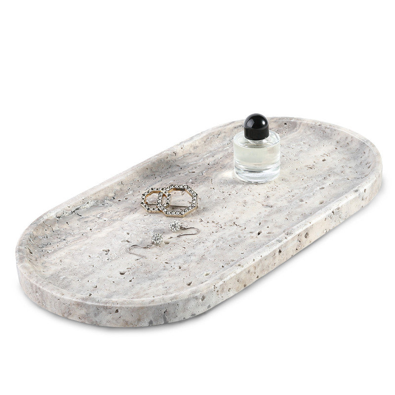Guein Oval Natural Marble Tray, Travertine Silver