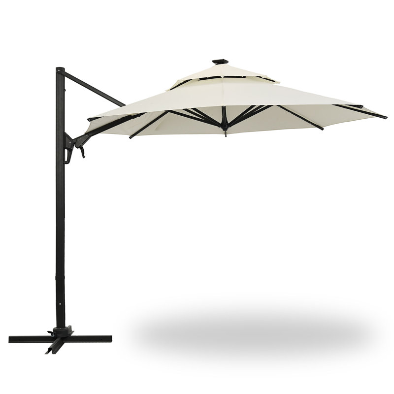 10FT Cantilever Umbrella with Lights, Solution-Dyed Fabric-White, White