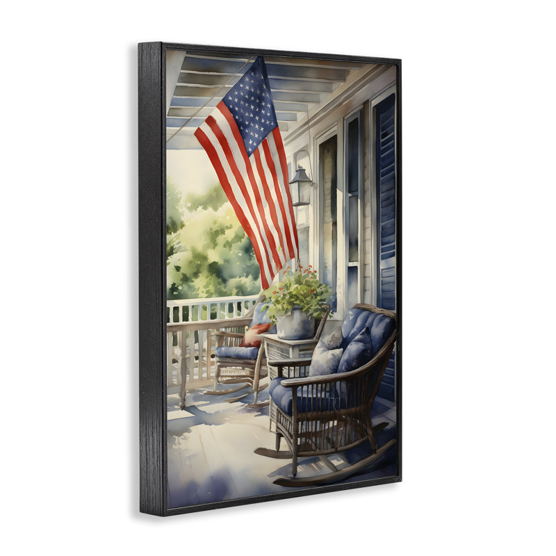 Porche avec drapeau américain, estampe numérique par Petal Prints Design, H 18 po x l 12 po, Giclée encadrée noir minuit