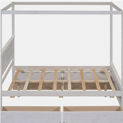 Wooden canopy bed with four drawers, full-size canopy platform bed with support beam. No bed box, whitewashed