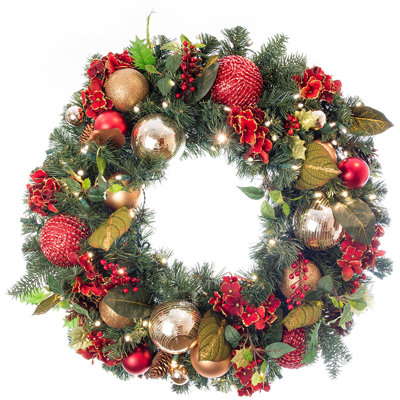 30 in. Lighted Christmas Wreath - Scarlet Hydrangea