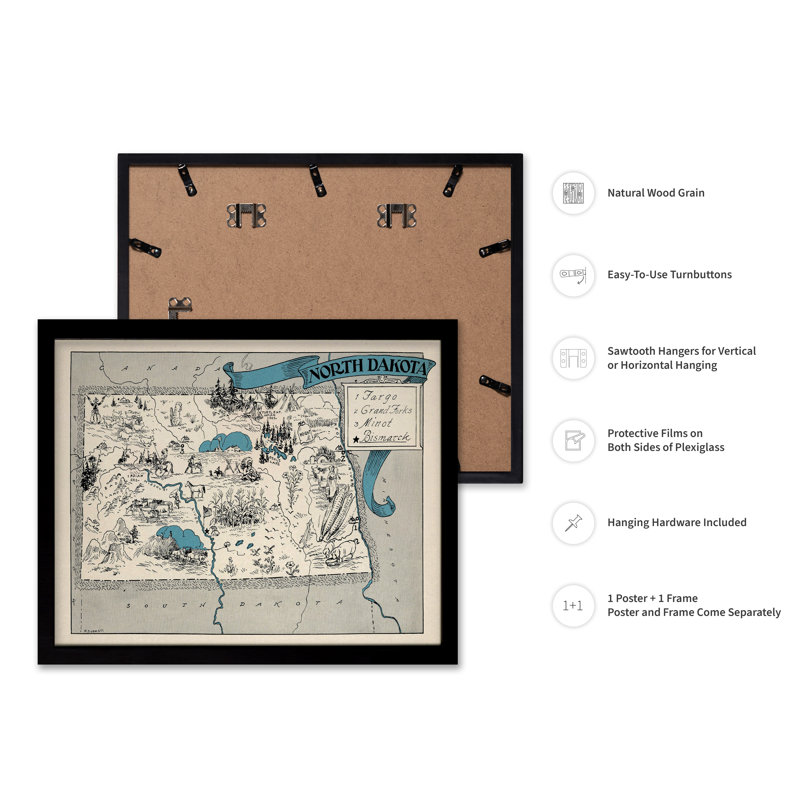 Carte illustrée de North Dakota, H 18 po x l 24 po, Affiche, Cadre noir