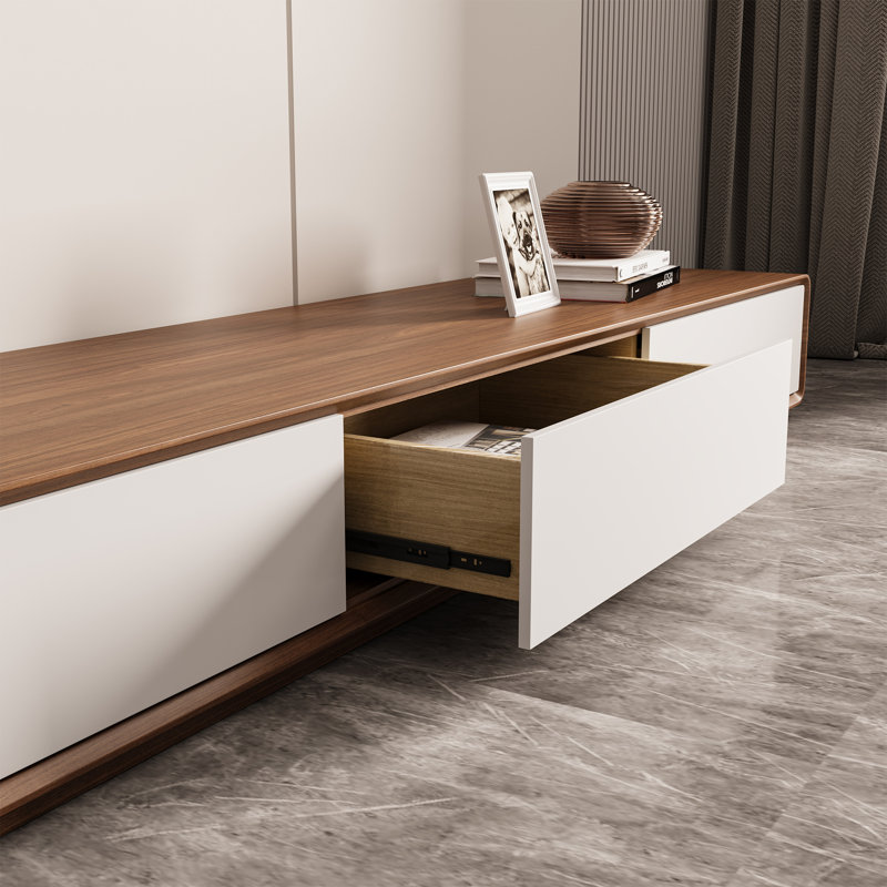  Meuble télé moderne, console média en bois manufacturé massif avec 4 tiroirs, entièrement assemblé, Blanc