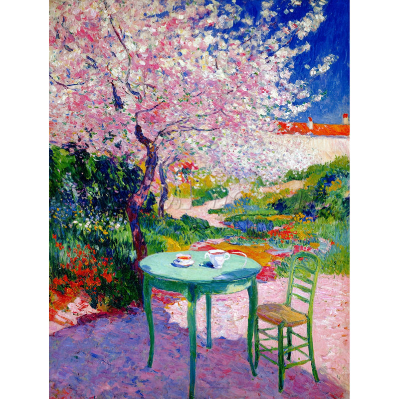 «Spring Tea Under Blossoms», art mural sur toile tendue, H 48 po x l 36 po x P 1,5 po