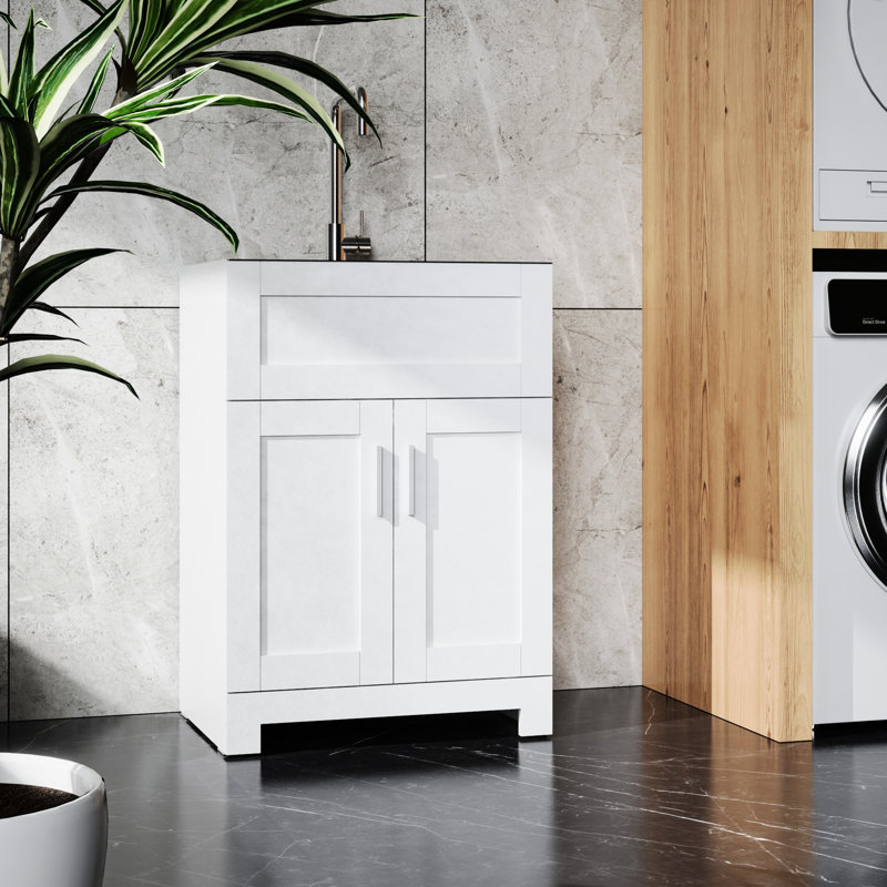 Évier de buanderie blanc 24 po - Robinet en acier inoxydable avec expérience de construction silencieuse