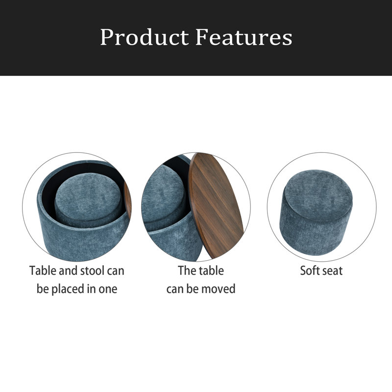 2-Piece Set Round Chenille Storage Ottoman, Equipped With A Drum Shaped Small Stool, Storage Space, And MDF Made Desktop Panel