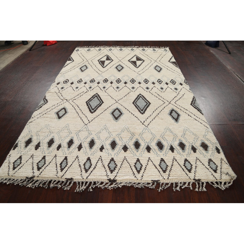 Tapis ivoire en laine noué à la main de conception unique 6 pi x 9 pi 2 po New Age