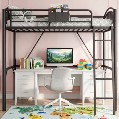 Lit mezzanine noir robuste en métal avec chariot de chevet et échelle antidérapante - Structure de lit robuste pour les adolescents, les adultes, les dortoirs et les petits appartements