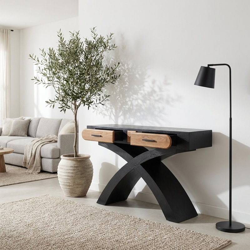 Console moderne avec pieds croisés et tiroirs à deux poignées