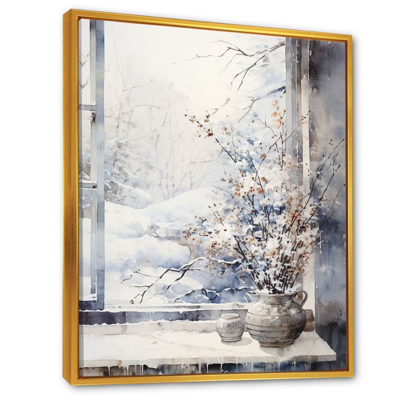 Art floral mural fenêtre de neige en hiver 1 - Japon, Cadre flottant doré, H 20 po x l 12 po x P 1 po