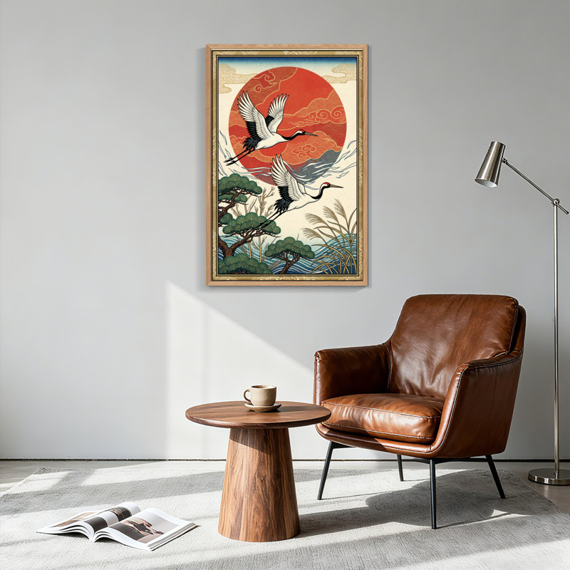 Ensemble de 1 tableau sur toile représentant une grue au coucher du soleil, H 36 po x l 24 po, Natural