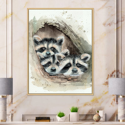 Trois mignons ratons laveurs moelleux regardant un arbre - Peinture sur toile