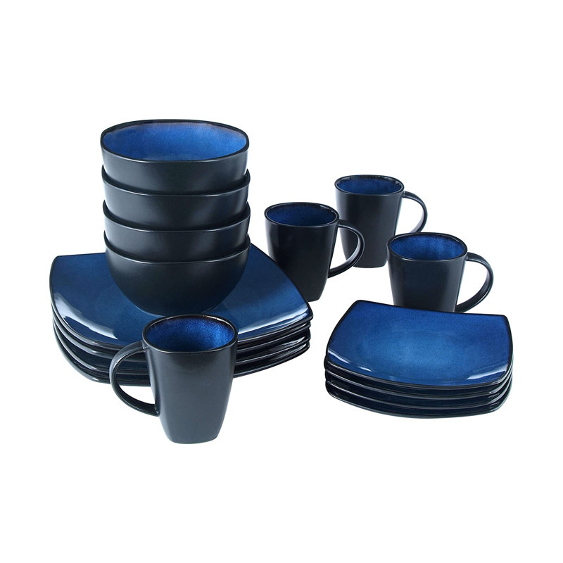 Blue and Black Square Porcelain Dinnerware Set, Service for 4
