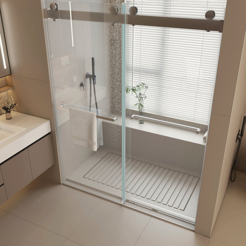 Double porte de douche coulissante sans cadre à fermeture en douceur, verre trempé de 3/8 po (10 mm) de qualité supérieure et revêtement facile à nettoyer