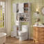 Freestanding Over The Toilet Storage,Bathroom Organizer With 4 Doors & 3 Open Compartments, Adjustable Shelf and Tissue Holder,White