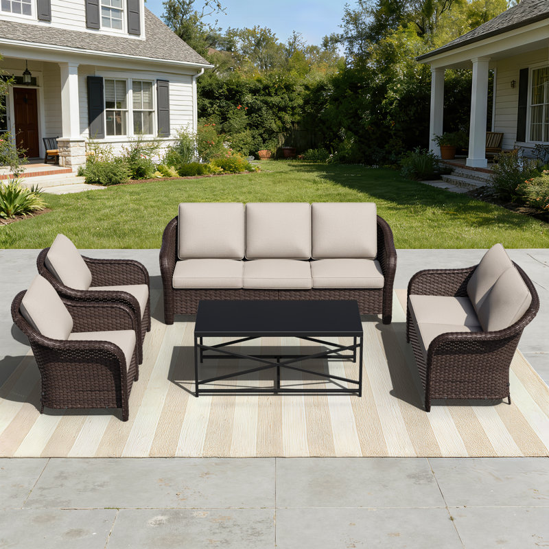 Hazel 7-person Outdoor Patio Rattan Sofa Seating Group With Cushions , Beige