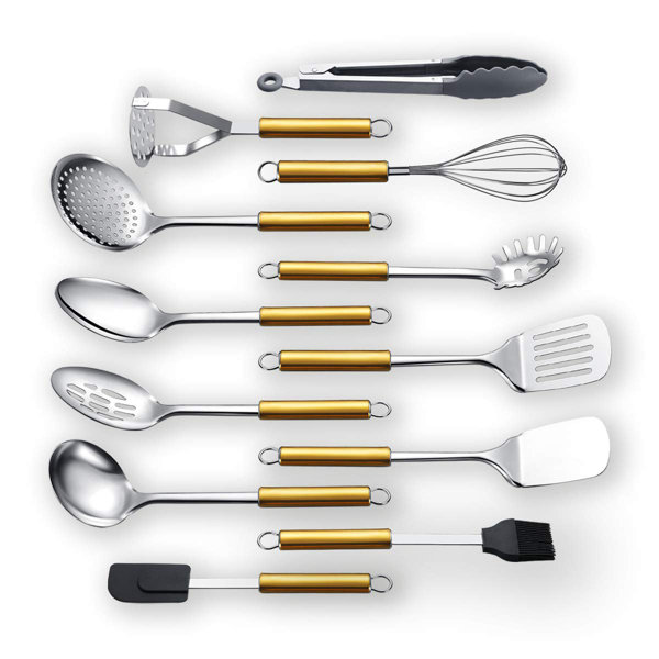 A set of golden Color stainless steel kitchen utensils