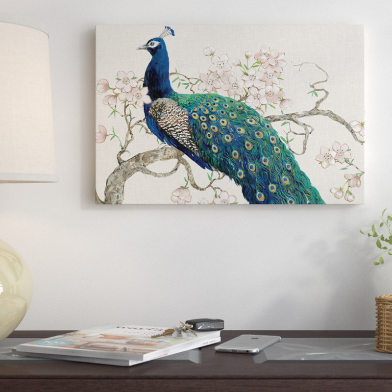 «Peacock & Blossoms II», reproduction d'art sur toile tendue, H 18 po x l 26 po x P 1,5 po, Toile avec cadre noir