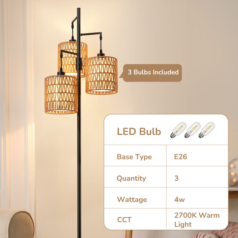 65" Rattan Tree Floor Lamp with Dimmer Switch , 3 Bulbs Included