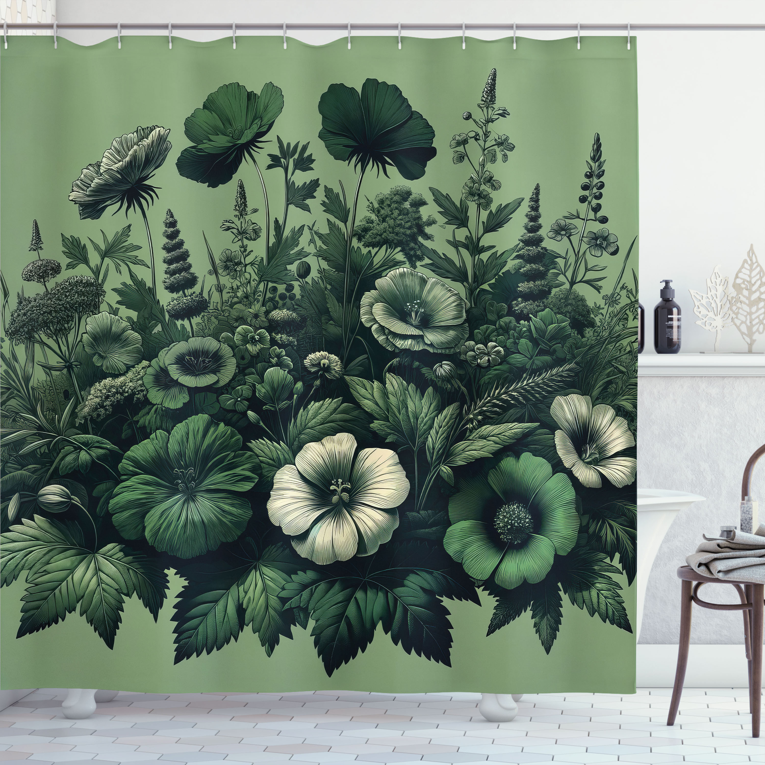 East Urban Home Dark Green Shower Curtain Wildflowers and Leaves in