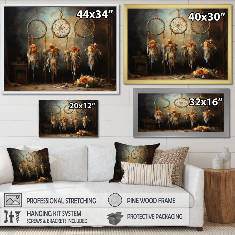 Attrape-rêves beige, attrait rustique I - Dreamcatcher, art mural pour le salon, Toile tendue, H 12 po x l 20 po x P 1 po