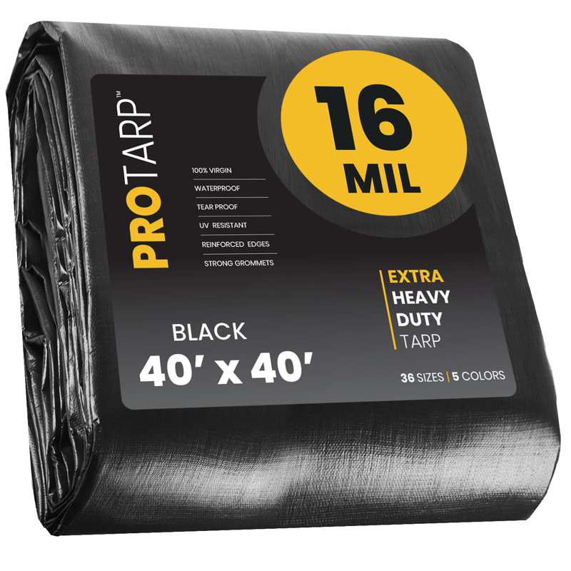 Bâche noire en polyéthylène robuste de 16 mil, imperméable et résistante aux rayons UV, 40 pi x 40 pi
