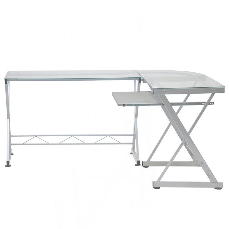 L-Shaped Tempered Glass Top Computer Desk with Pull Out Keyboard Panel