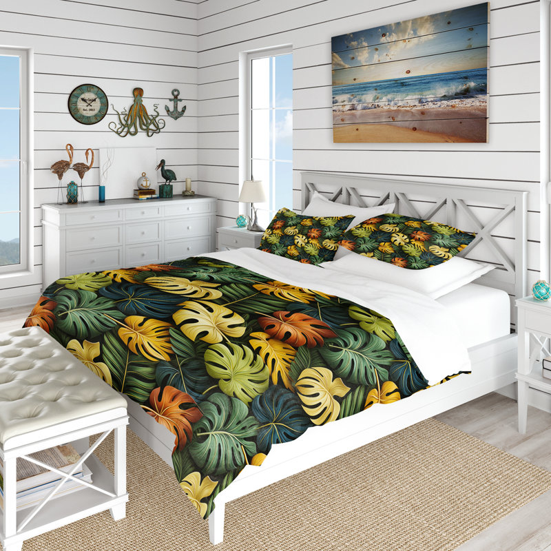 Monstera Magic Tropical Pattern II Duvet Cover, Queen Duvet Cover + 2 Standard Shams