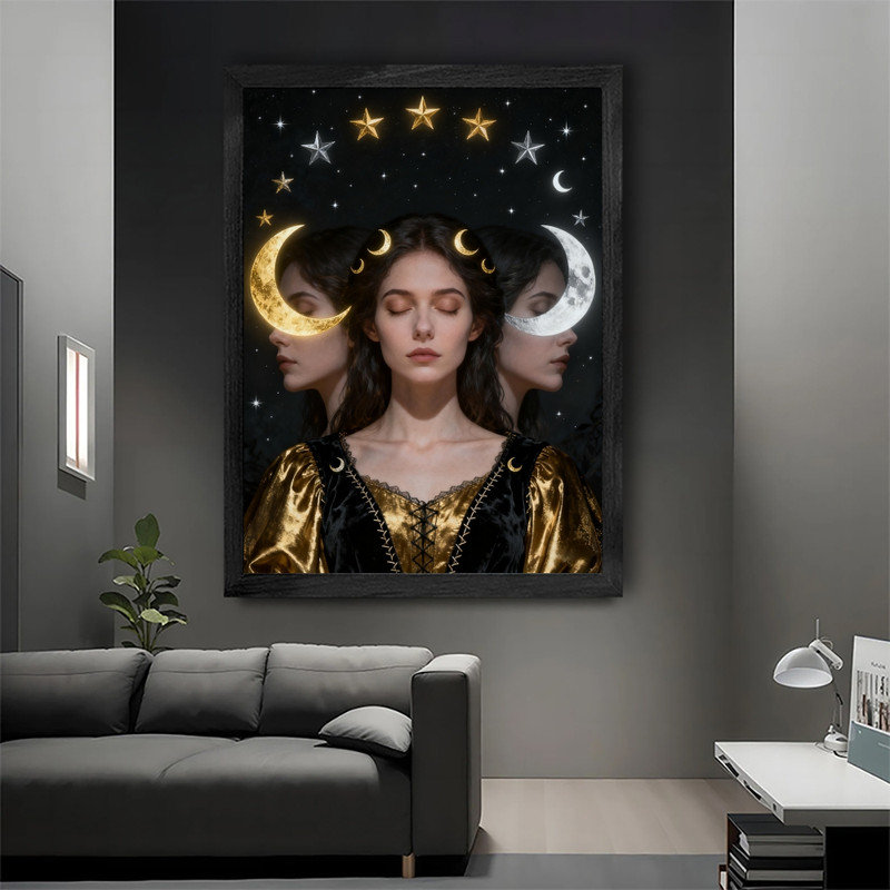 Art mural encadré noir, déesse de la lune rétro, impression de cadre mystique gothique céleste, H 17 po x l 13 po