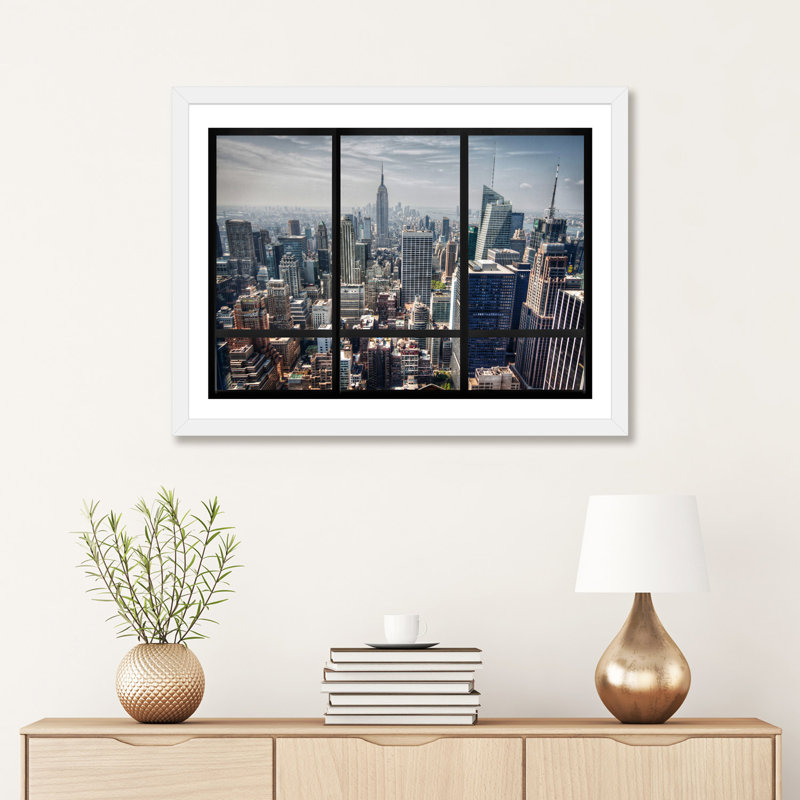 Vue de la fenêtre de la ville de New York - reproduction de photo, H 24 po x l 32 po x P 1 po, Papier encadré blanc