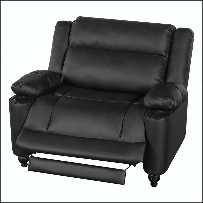 Fauteuil inclinable manuel surdimensionné avec porte-gobelets, dossier réglable et pieds tournés en bois, Similicuir noir