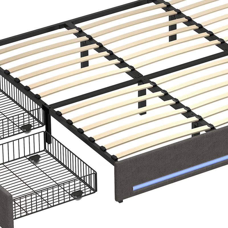 Structure de lit tapissier à grand lit à DEL avec station de charge et tablette de rangement à 4 tiroirs avec roulettes, Gris