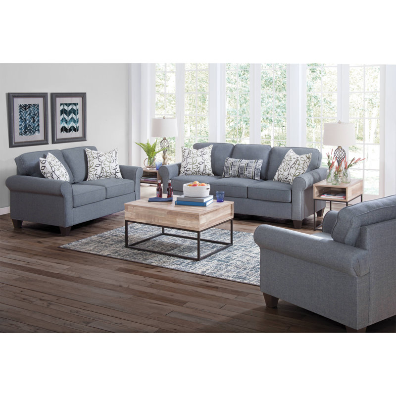 Classic Cottage Blue Fabric Sofa with Rolled Arms and Pillows