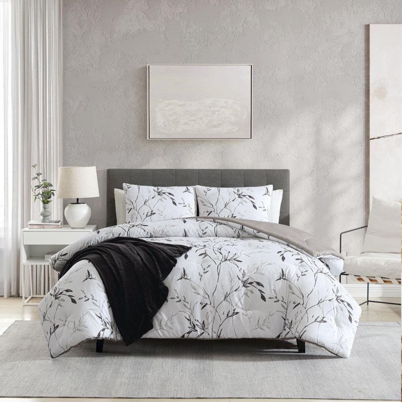 Full Black and Warm Grey Microfiber Reversible Bedspread Set