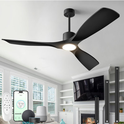 Ventilateur de plafond intelligent 60 po avec lumière, 3 pales ABS, télécommande à 6 vitesses et commande vocale APP, 3CCT, à intensité variable, moteur réversible BLDC