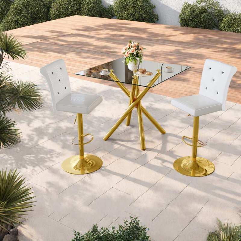 Space-saving Modern Patio Bar Sets, Metal Gold Frame, White Leather For Home Bar