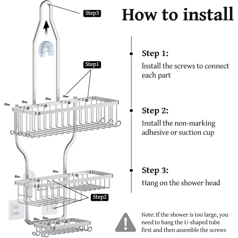 Shower Caddy Hanging - Never Rust Shower Organizer - Aluminum Over The Shower Head Caddy with 10 Hooks for Razor/Sponge