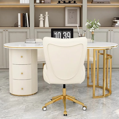 Bureau ovale de luxe léger en pierre frittée (200 cm) – Plateau en pierre épaisse, structure en métal plaqué or et caisson de rangement cylindrique en contreplaqué de bois massif, 3 tiroirs, coins arrondis, idéal pour le travail à domicile, l'étude ou l'écriture.