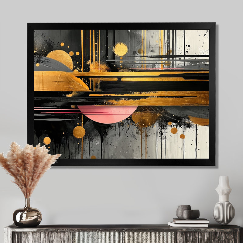 «Dark Transition Golden Shifting Horizons III», art mural transitionnel abstrait de formes modernes, Noir, H 12 po x l 20 po