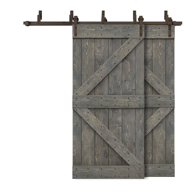 Porte de grange double à panneaux en bois teinté K Series, H 84 po x l 40 po, Gris patiné