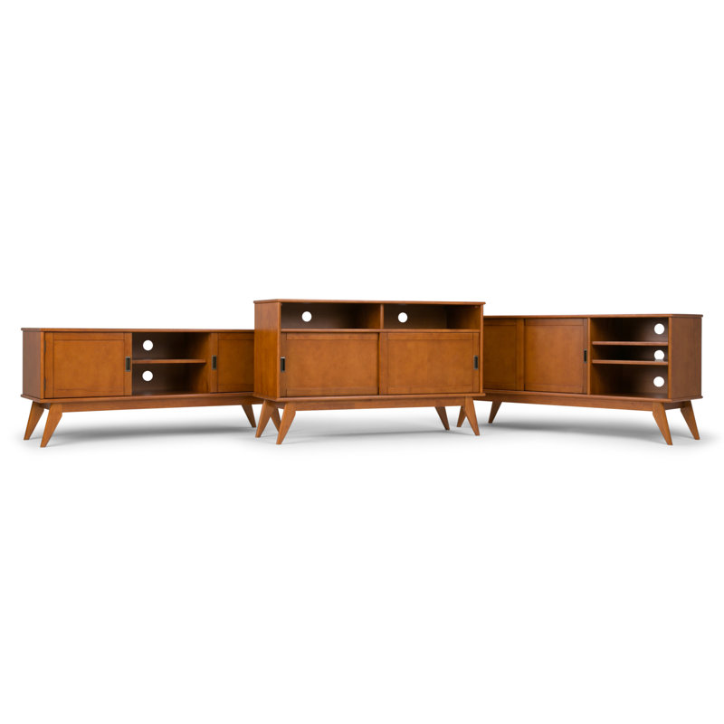 Draper 54"W Solid Wood Mid-Century Modern Tall TV Stand for TVs up to 60" with 2 Sliding Doors and Open Shelves, Teak Brown