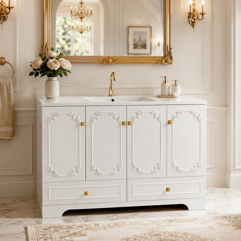 Meuble-lavabo simple de style français de 122 cm (48 po) avec dessus en résine blanche, Black