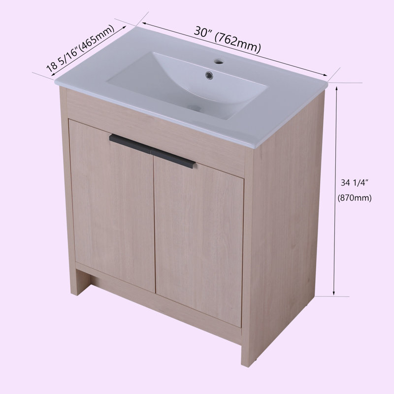 Meuble-lavabo simple 30,06 po avec plateau en céramique Dipasquale, Blanc lustré, Beige
