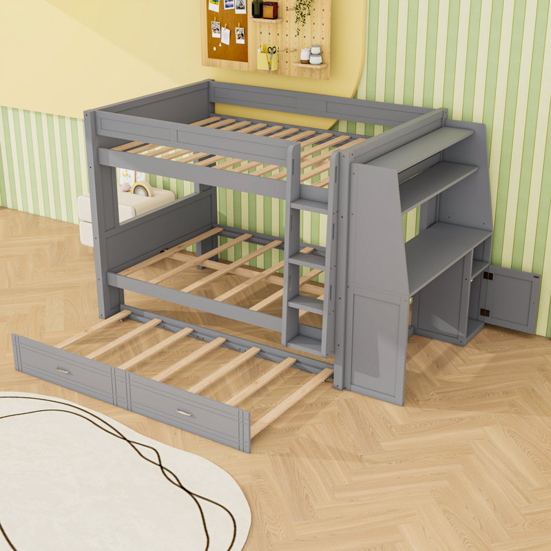 Lit superposé avec bureau et lit gigogne, gris