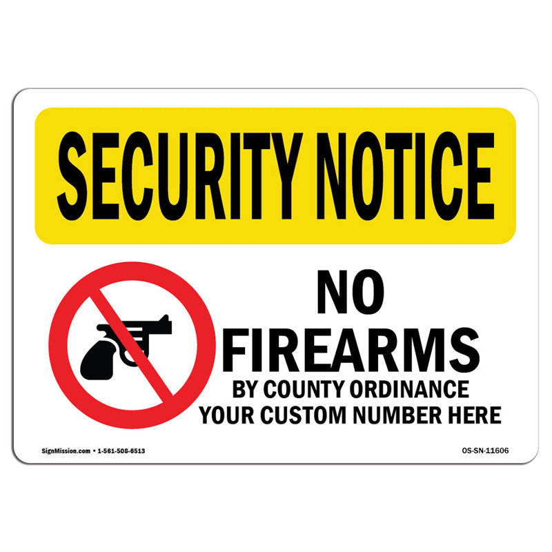 «No Firearms» par County, H 12 po x l 18 po x P 0,1 po