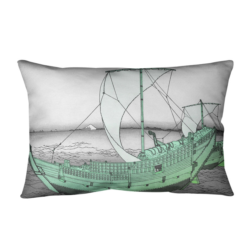 Katsushika Hokusai Reversible Throw Pillow, 20" x 14", Green Ship, Down Alternative