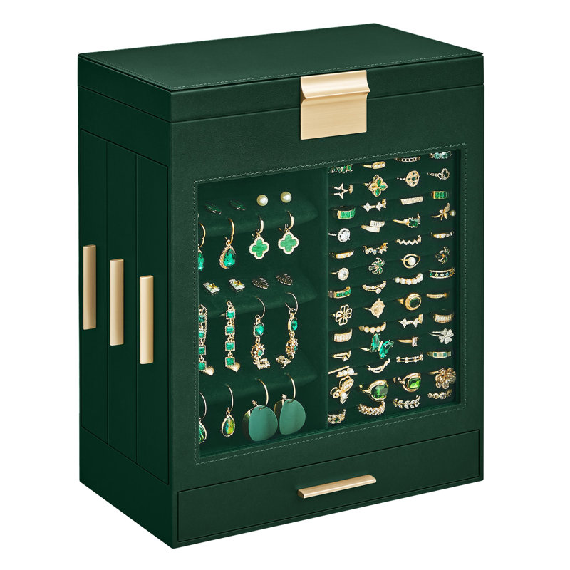 Boîte à bijoux en bois + miroir, Vert forêt